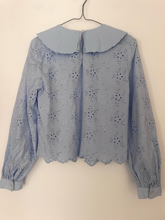 Blue Eyelet Cotton Blouse Peter Pan Collar Cottage Core Medium - Picture 4 of 7